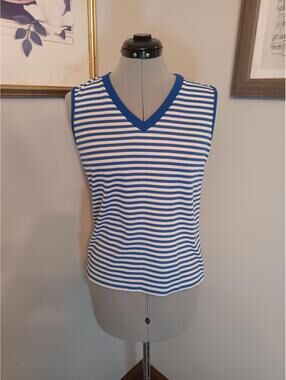 70s Vintage Tank, Blue And white Striped Stretch Top Size M Good Condition Retro